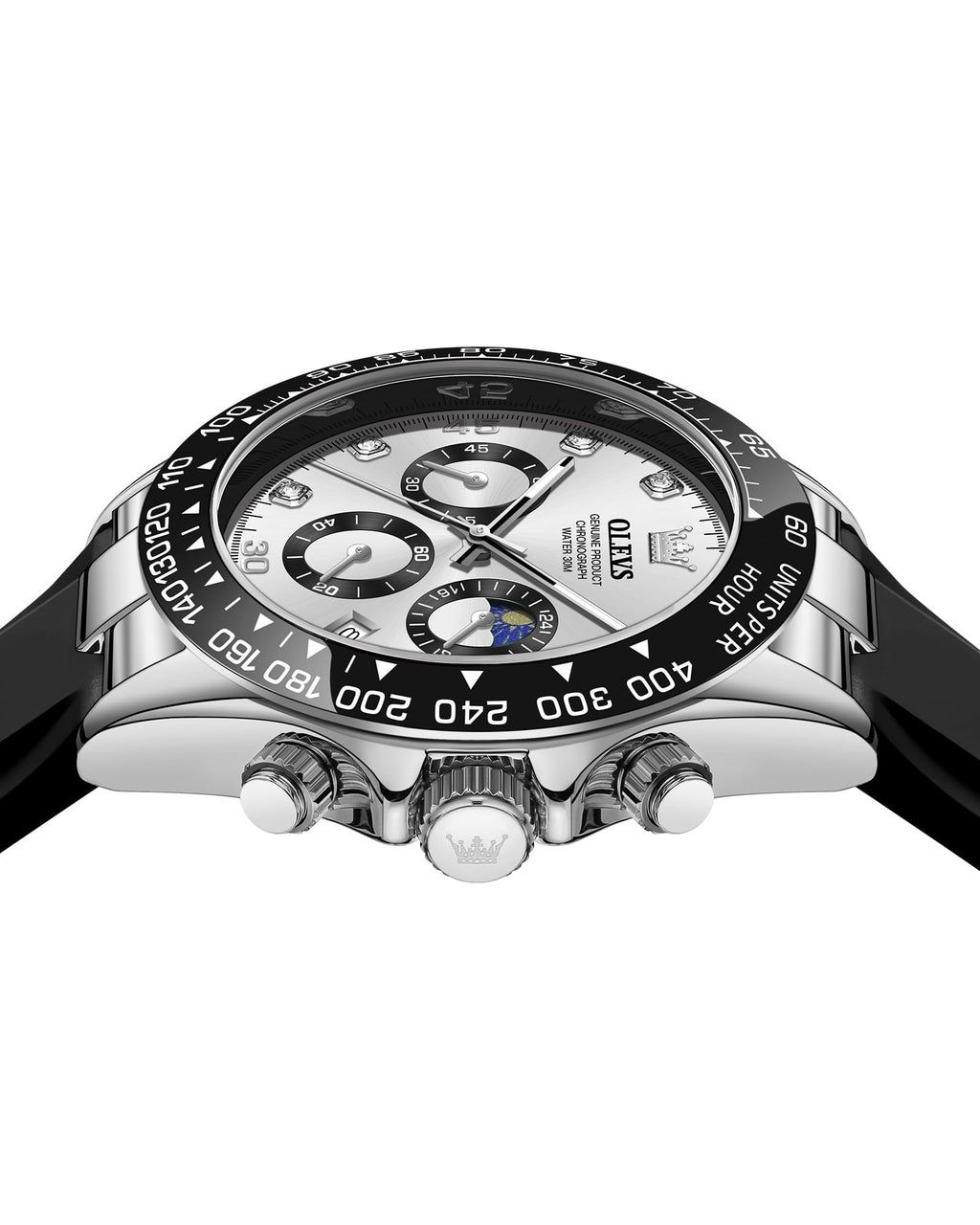 OLEVS Men Analog Quartz Waterproof Watches Multifunction Chronograph Diamond Moon Phase Luminous Silicone Band Wrist Watches