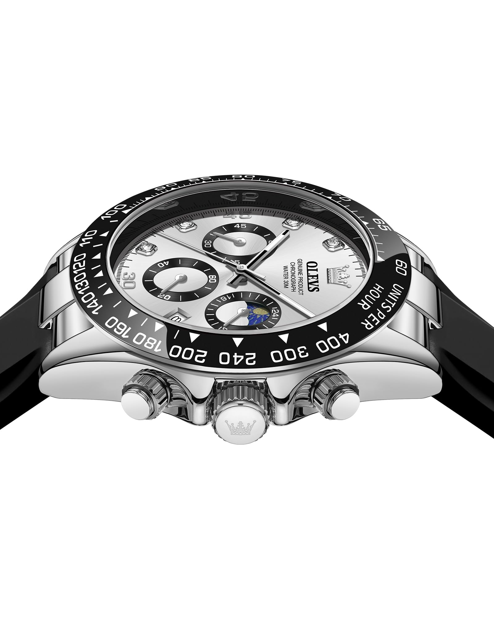 OLEVS Men Analog Quartz Waterproof Watches Multifunction Chronograph Diamond Moon Phase Luminous Silicone Band Wrist Watches
