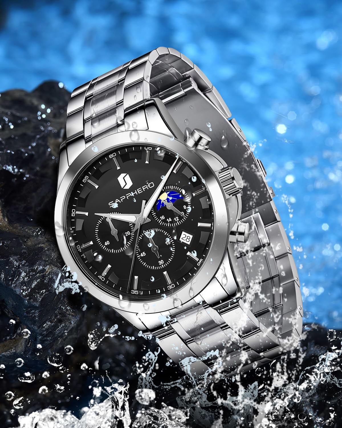 SAPPHERO Chronograph Watches for Men, Original Business Casual Stainless Steel Analog Watch 50M Waterproof Luminous Watches with Date Dial, Mens Gift
