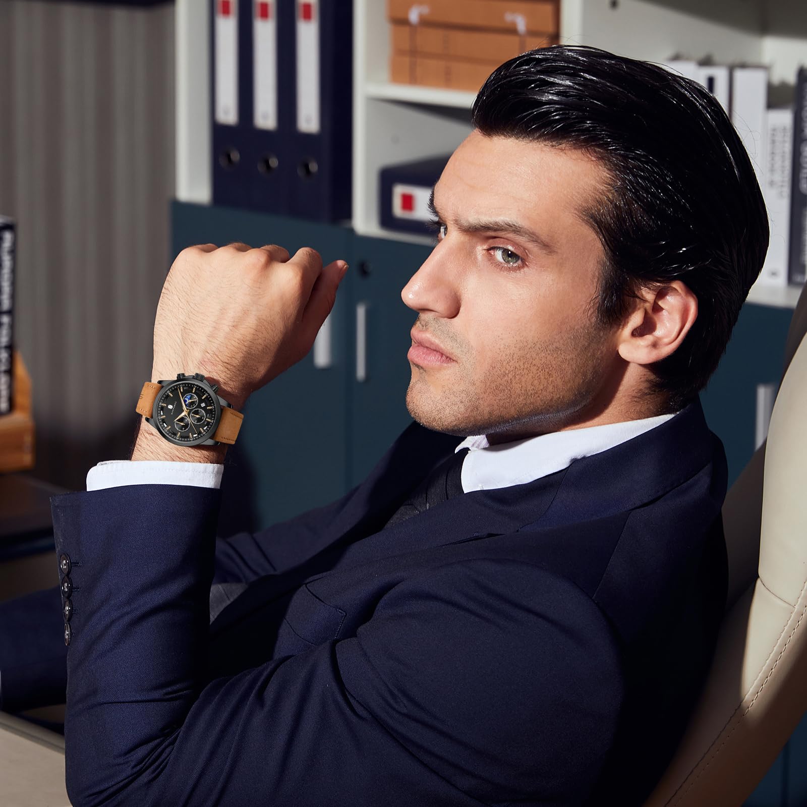 SAPPHERO Chronograph Watches for Men, Original Business Casual Stainless Steel Analog Watch 50M Waterproof Luminous Watches with Date Dial, Mens Gift
