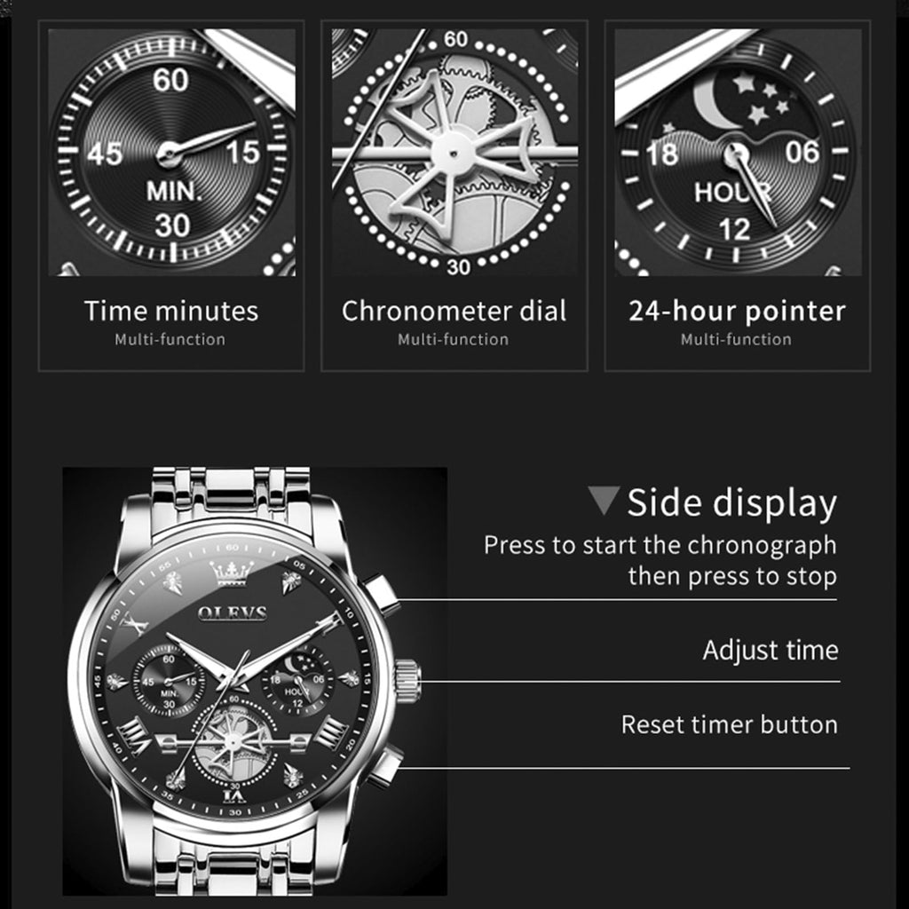 OLEVS Watches Men Waterproof Luxury Big Face Mens Watch Stainless Steel Quartz Analog Dress Watches for Men Luminous Multifunction Man Watch Relojes De Hombre