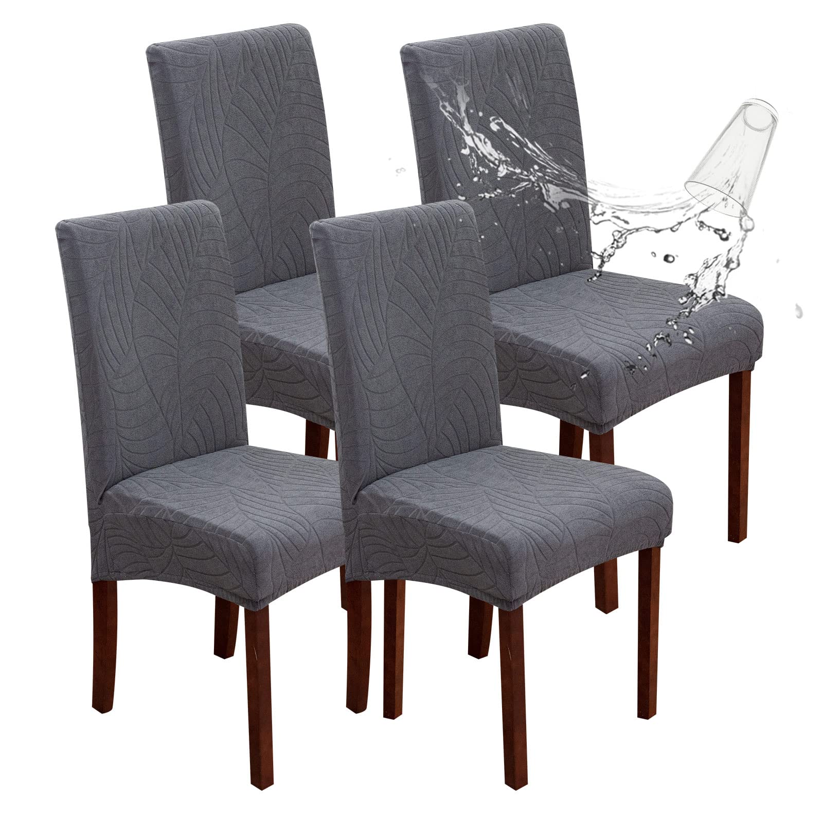 Genina Waterproof Chair Covers for Dining Room 6 Pack, Stretch Jacquard Dining Chair Cover Removable Washable Chair Protectors Cover for Kitchen, Home (Leaves-Warm Gray, 6 PCS)