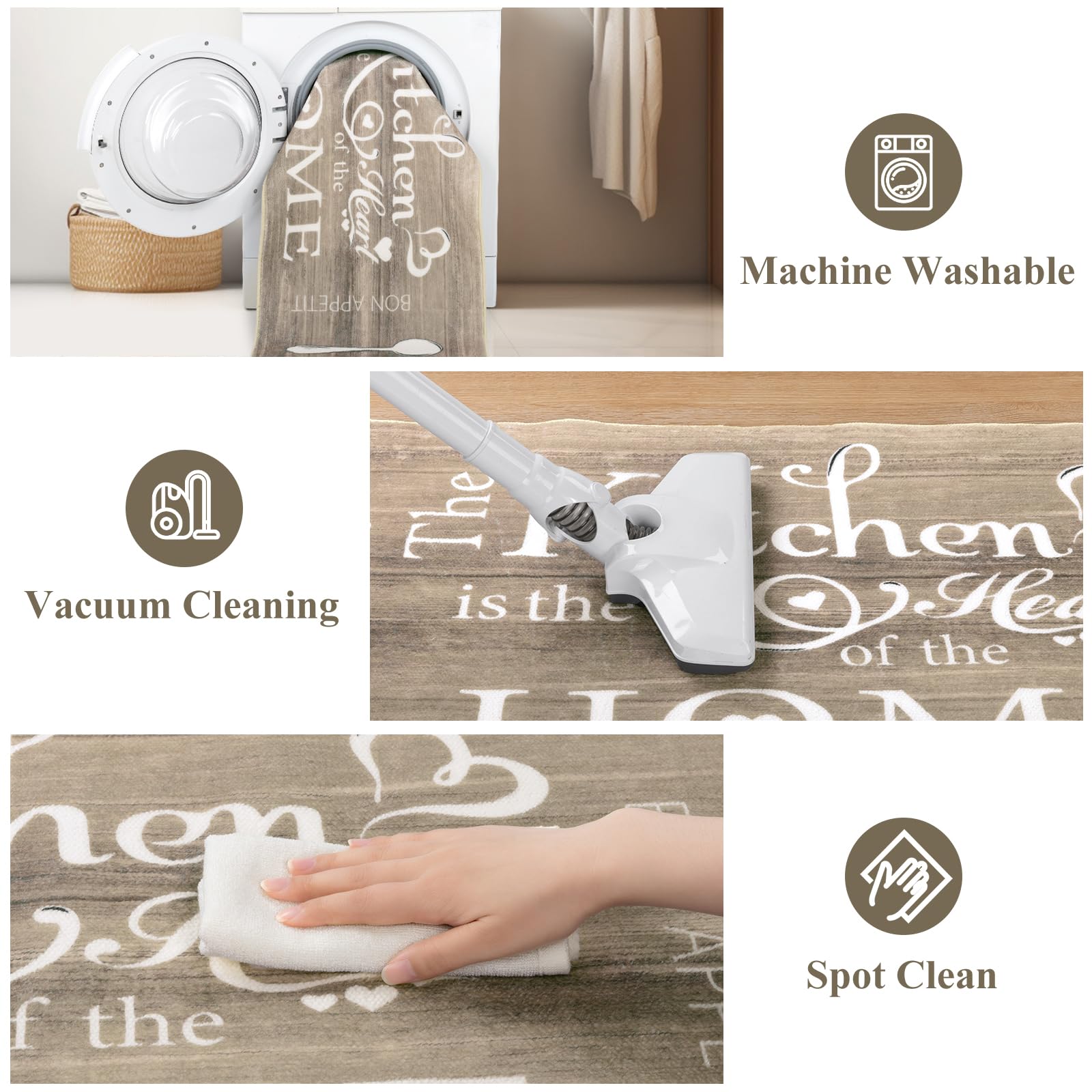 Vaukki Boho Kitchen Rug Sets 3 Pieces, Washable Kitchen Mats for Floor, Non Slip Soft Kitchen Area Rug Floor Mat for Kitchen, Laundry Room and Hallway (Grey and Beige, 20''x32''+20''x47''+20''x59'')