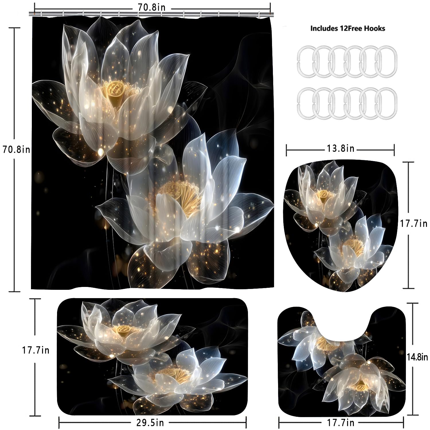 AZHM 4PCS Lotus Shower Curtain Set Black and Gold Flower Bathroom Decor Sets with Shower Curtain and Rugs and Accessories with 12 Hooks for Toilet