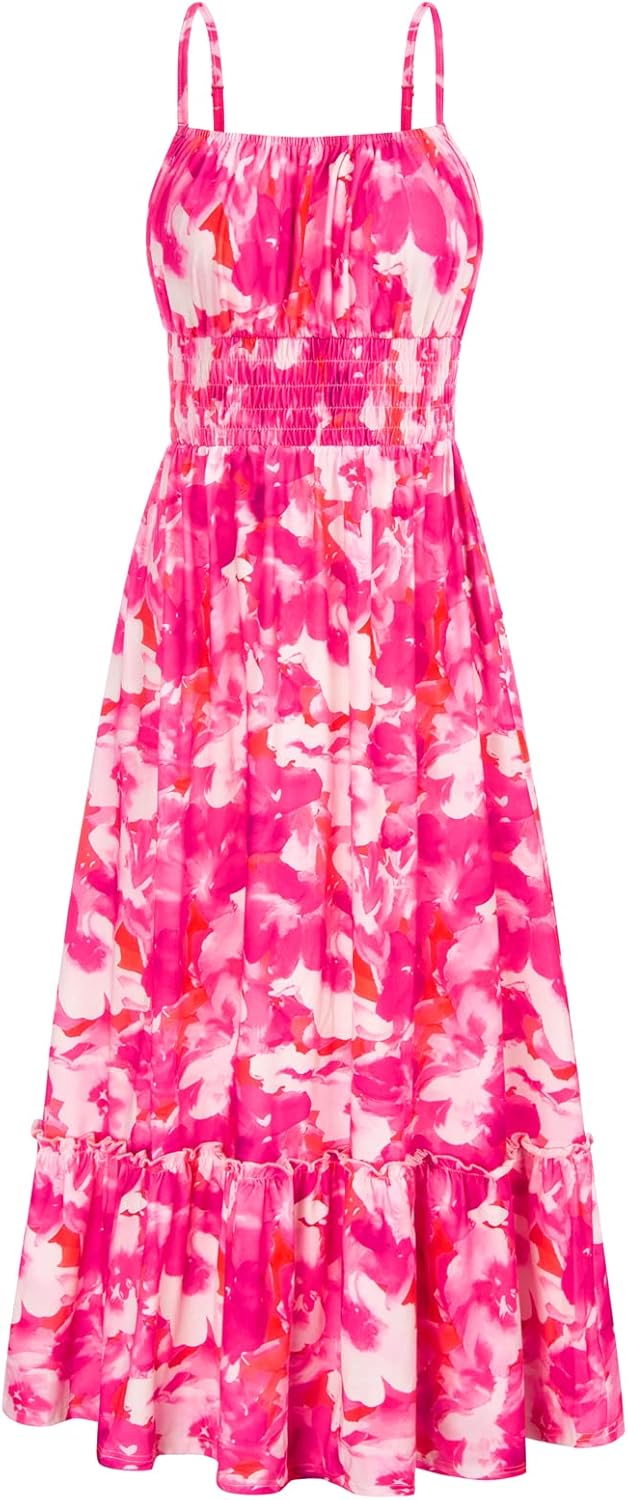 GRACE KARIN Summer Dresses for Women 2026 Vacation,Smocked Floral Maxi Dress,Boho Beach Sundress with Pocket Fashion Clothing