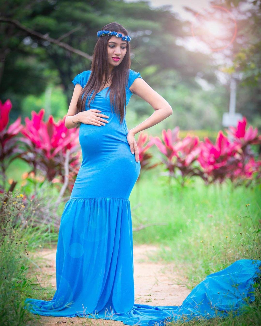 ZIUMUDY Maternity Chiffon Mermaid Gown Off Shoulder Dropped Sleeve Fitted Photo Shoot Photography Dress