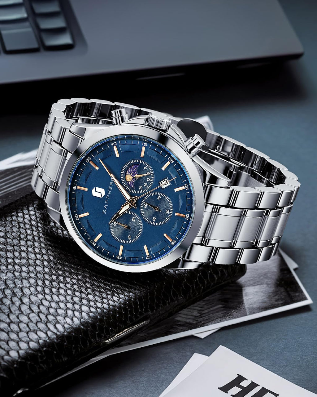 SAPPHERO Chronograph Watches for Men, Original Business Casual Stainless Steel Analog Watch 50M Waterproof Luminous Watches with Date Dial, Mens Gift