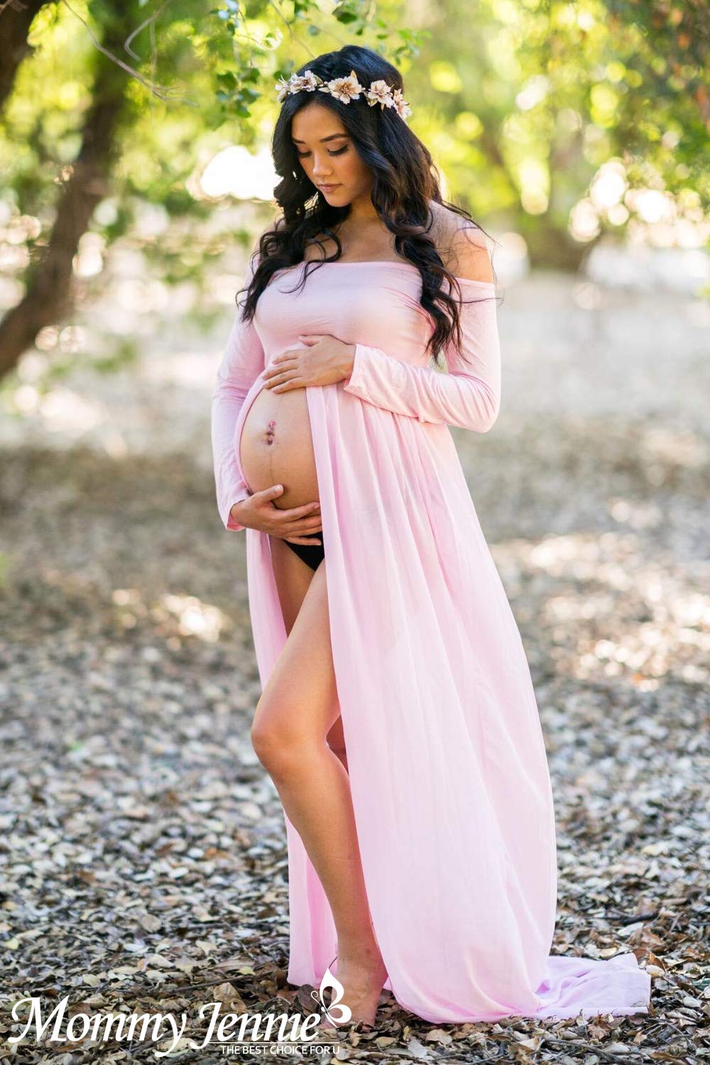 Mommy Jennie Maternity Dress Off Shoulder Long Sleeve Split Front Chiffon Gown for Photoshoot
