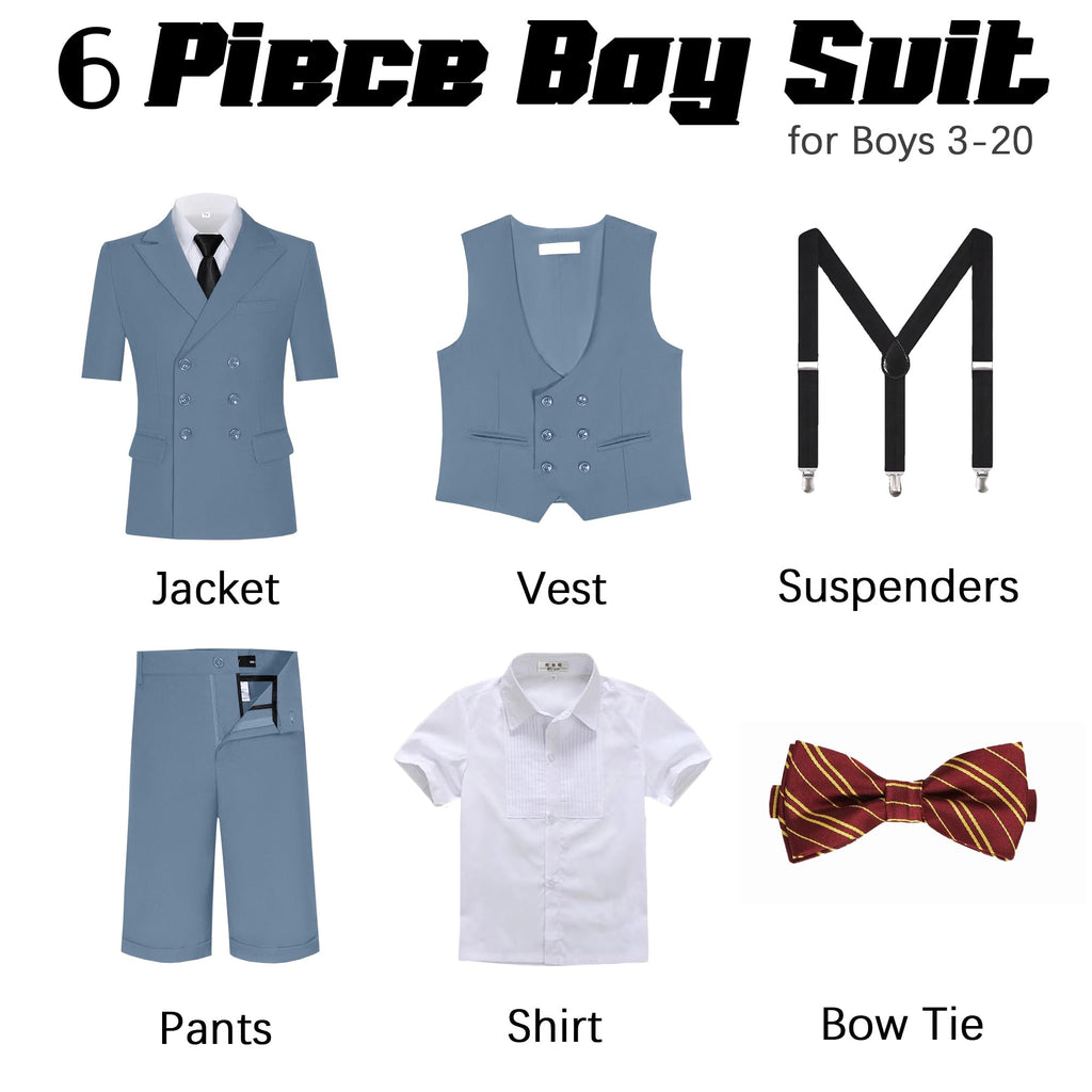 Short Suits for Boys Kid 6 Pieces Summer Tuxedo Formal Suit Beach Wedding Outfit for Teens Jacket Vest Shorts Pants Set