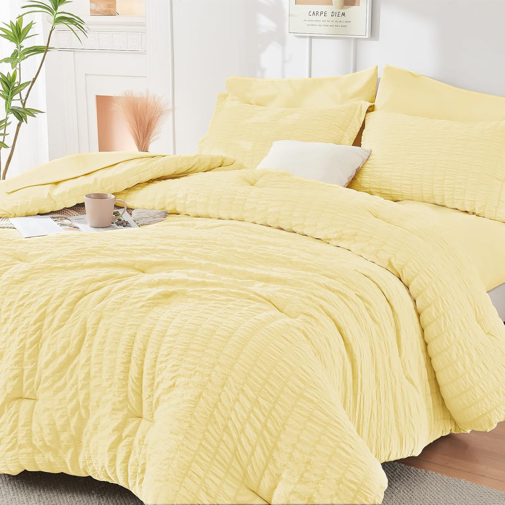 HYMOKEGE 7 Piece King Size Comforter Set Seersucker, All Season Luxury Bed in a Bag for Bedroom, Bedding Set with Comforters, Sheets, Pillowcases & Shams, Dark Grey
