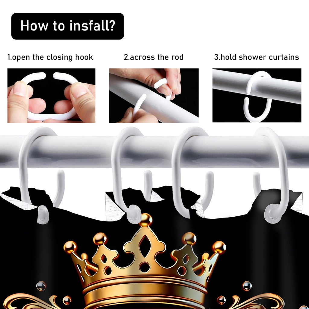 AZHM Golden Crown Print Shower Curtain Set Black Luxury Bathroom Accessories Sets with Shower Curtain and Rugs