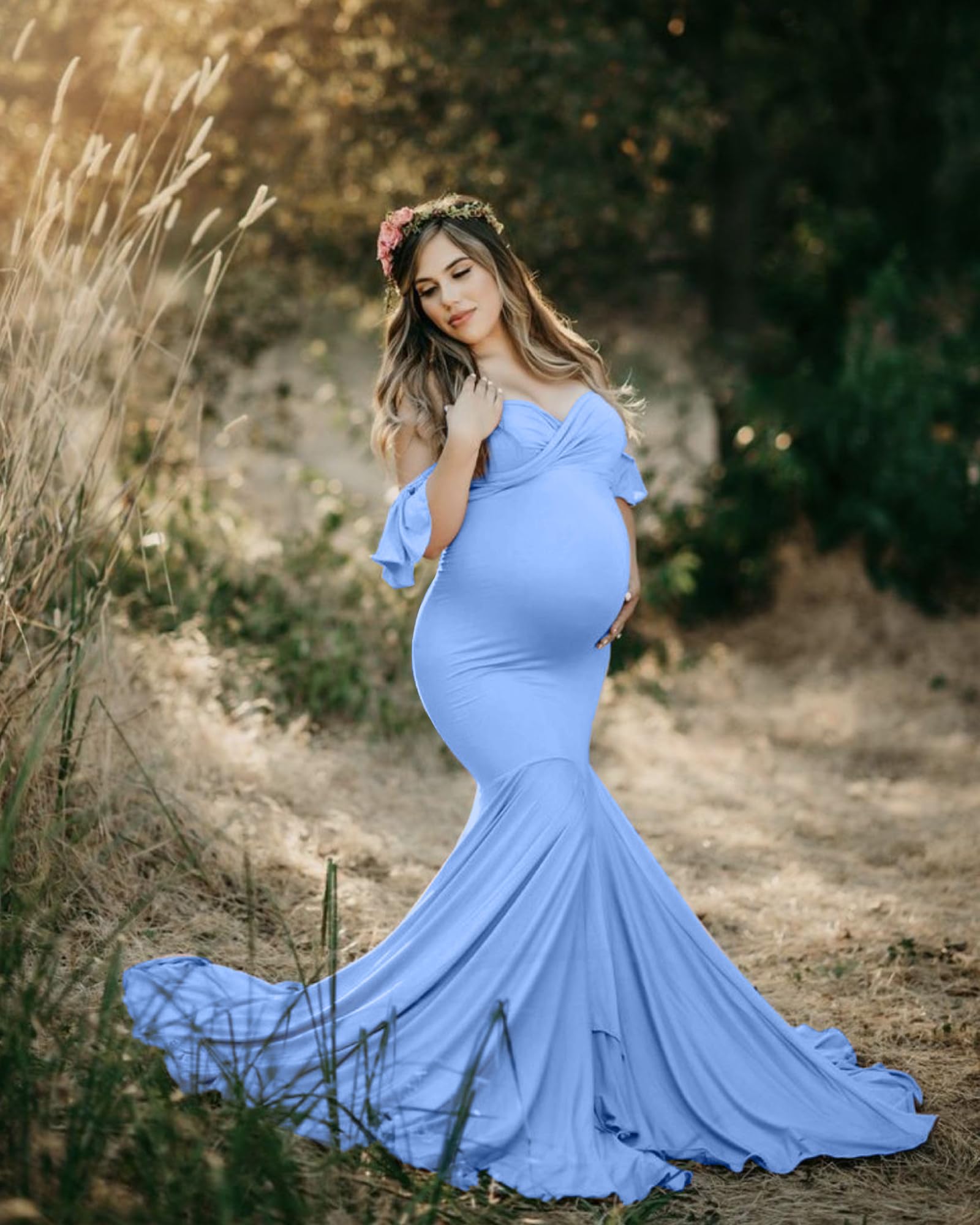Saslax Off Shoulder Ruffle Sleeves Elegant Fitted Maxi Maternity Dress for Photoshoot Baby Shower