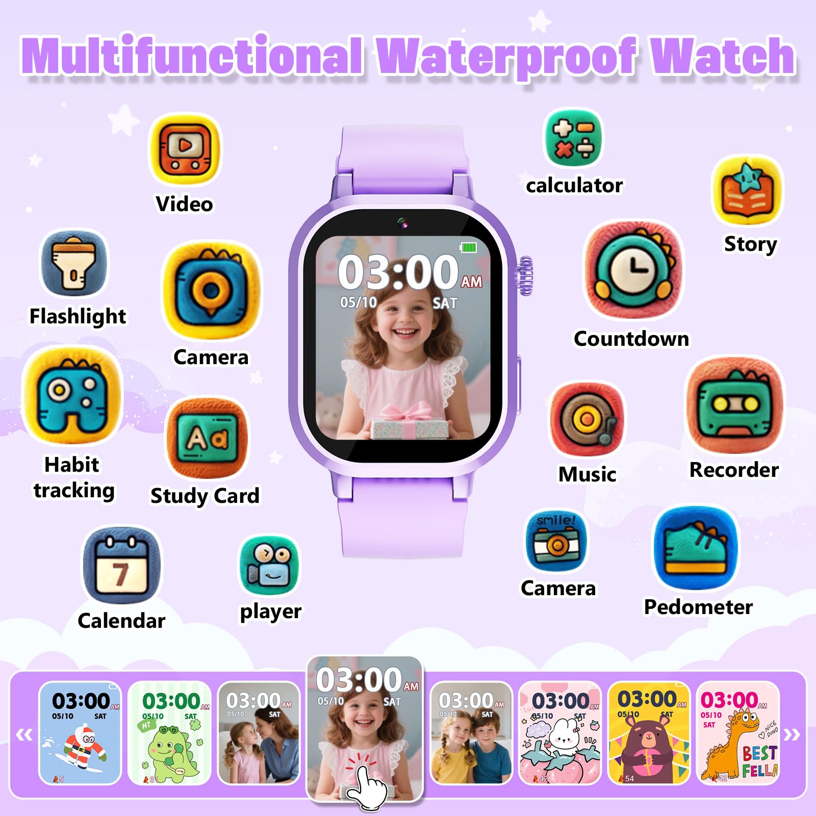 Wiszodet Kids Waterproof Smart Watch Boys Gift Age 3-12 with 39 Game HD Touch Screen Music Player Video Camera Pedometer Alarm Clock Birthday Gift for 6 7 8 9 Year Olds Blue