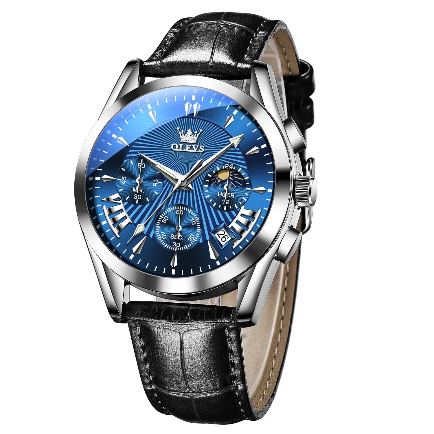 OLEVS Men's Casual Leather Watch, Big Face Chronograph Watch for Men, Fashion Easy to Read Dress Watch, Men's Waterproof Luminous Date Analog Watch, Gold/Black/White/Blue Dial