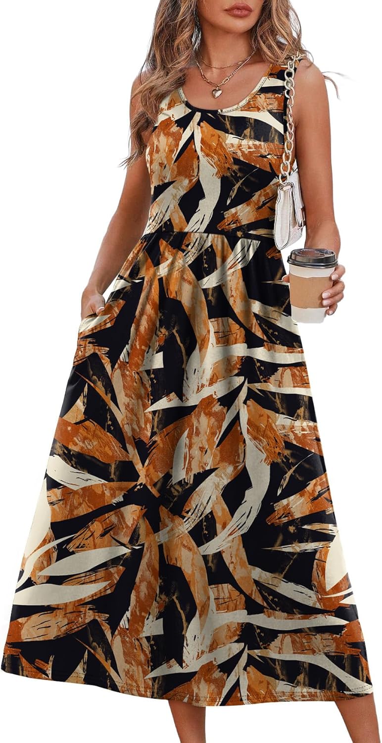 WIHOLL Summer Dresses for Women Flowy Casual Midi Dress Beach Vacation Sundresses with Pockets
