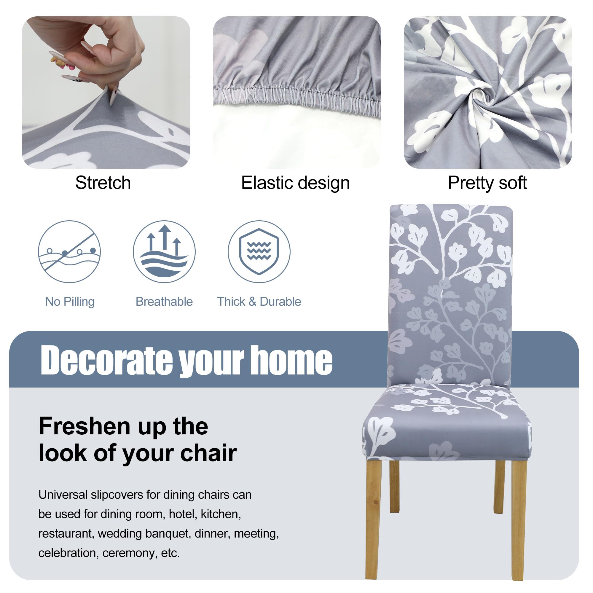 BIETYONE Stretch Dining Chair Covers Set of 6, Soft Removable Washable Kitchen Parsons Chair Slipcovers, High Elastic Seat Protector for Home Hotel Banquet