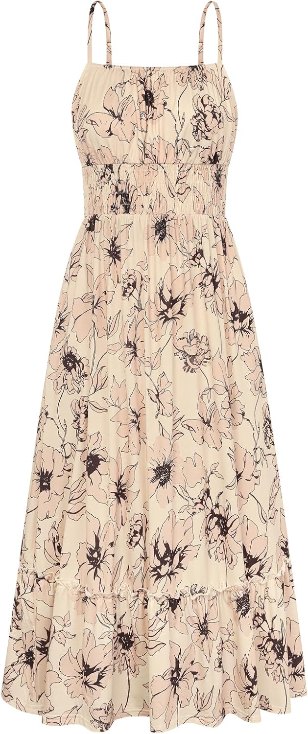 GRACE KARIN Summer Dresses for Women 2026 Vacation,Smocked Floral Maxi Dress,Boho Beach Sundress with Pocket Fashion Clothing
