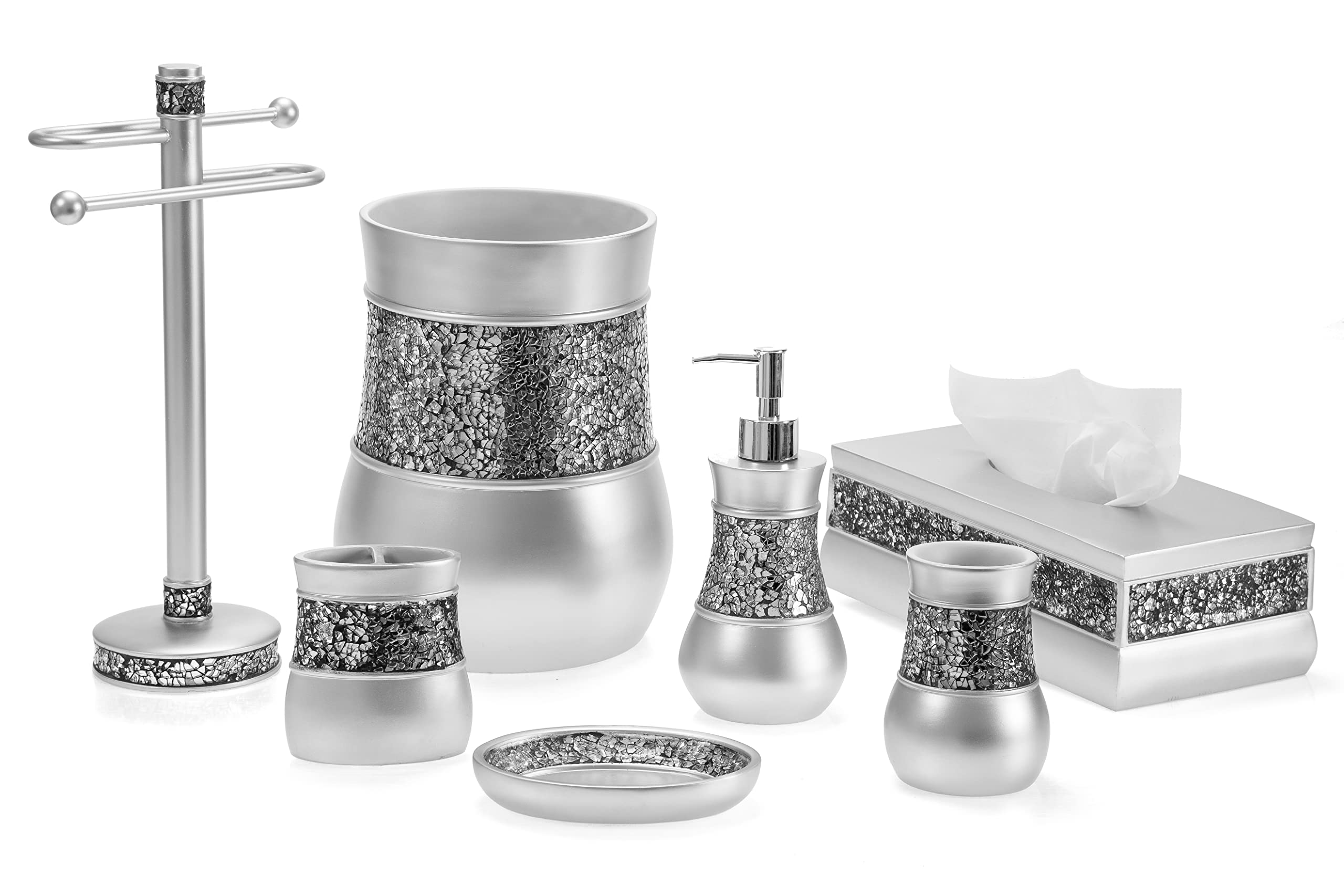 Creative Scents Crackled Glass Silver Bathroom Accessory Set – 4-Piece Vanity Set Includes: Lotion Soap Dispenser, Toothbrush Holder, Tumbler, and Soap Dish