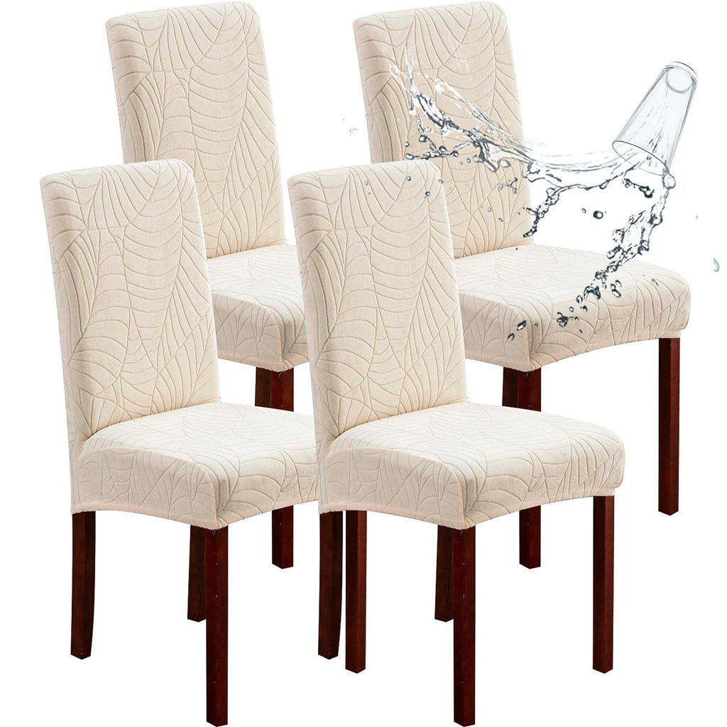 Genina Waterproof Chair Covers for Dining Room 6 Pack, Stretch Jacquard Dining Chair Cover Removable Washable Chair Protectors Cover for Kitchen, Home (Leaves-Warm Gray, 6 PCS)