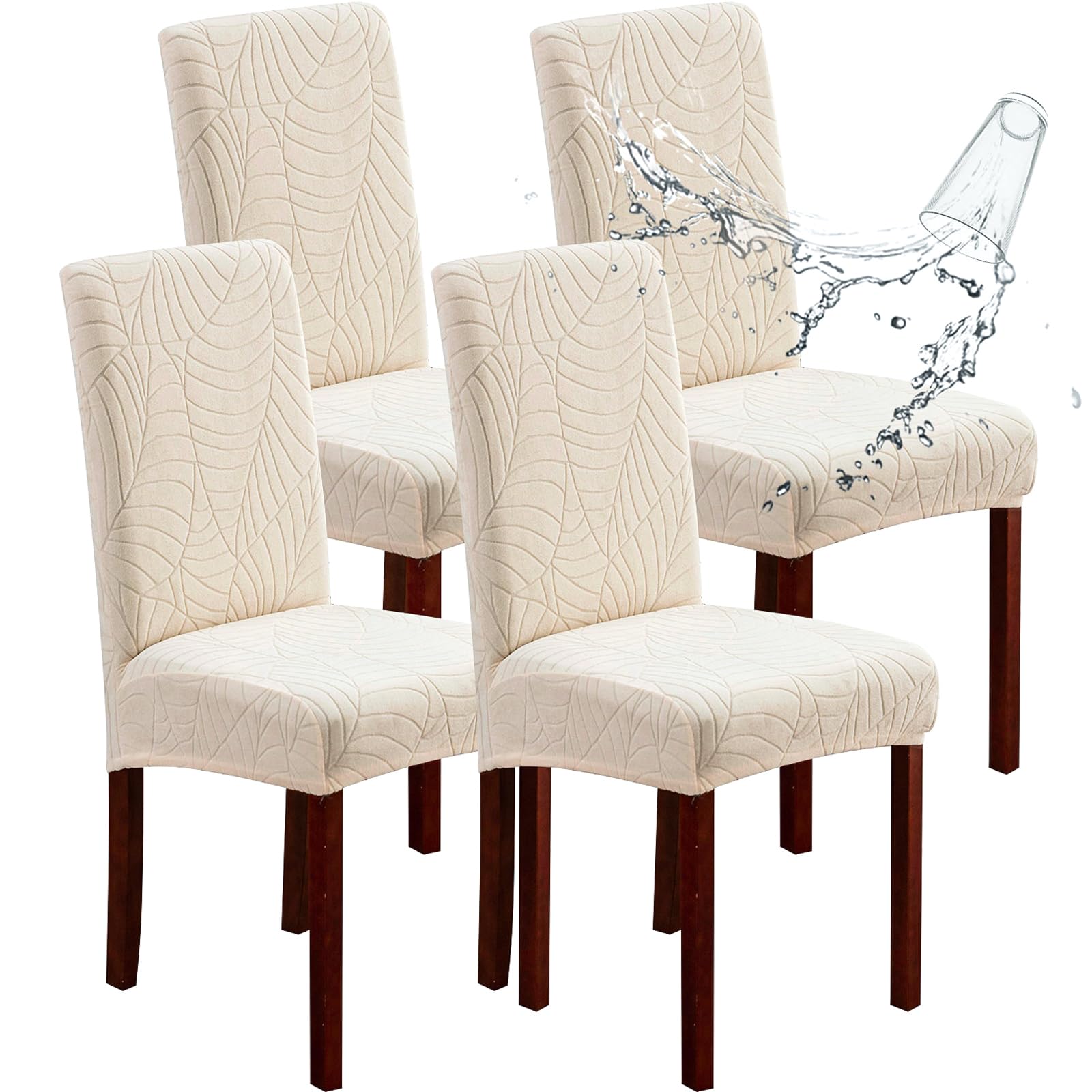 Genina Waterproof Chair Covers for Dining Room 6 Pack, Stretch Jacquard Dining Chair Cover Removable Washable Chair Protectors Cover for Kitchen, Home (Leaves-Warm Gray, 6 PCS)