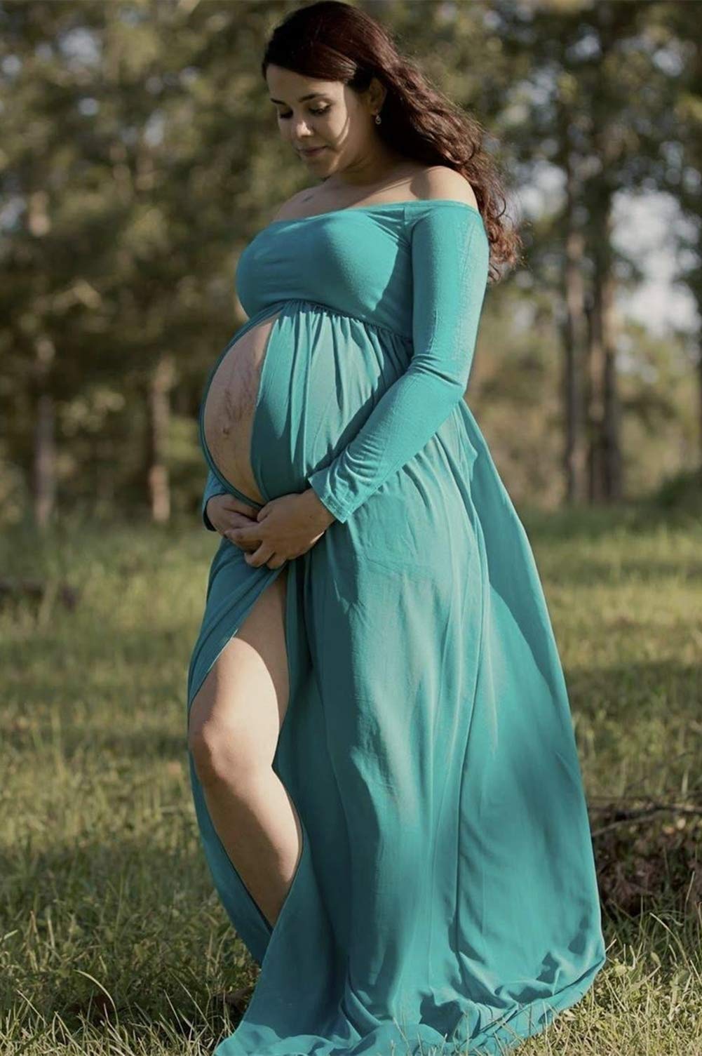 ZIUMUDY Maternity Maxi Chiffon Photography Dress Split Front Gown for Photoshoot