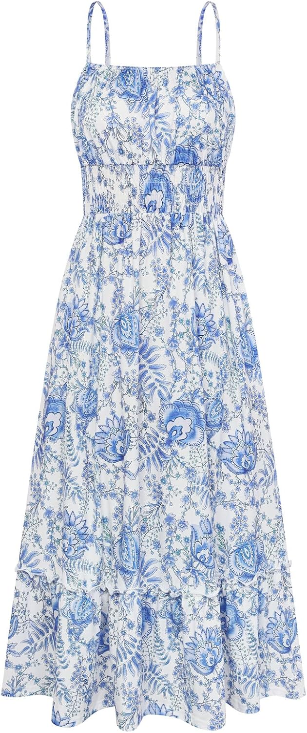 GRACE KARIN Summer Dresses for Women 2026 Vacation,Smocked Floral Maxi Dress,Boho Beach Sundress with Pocket Fashion Clothing