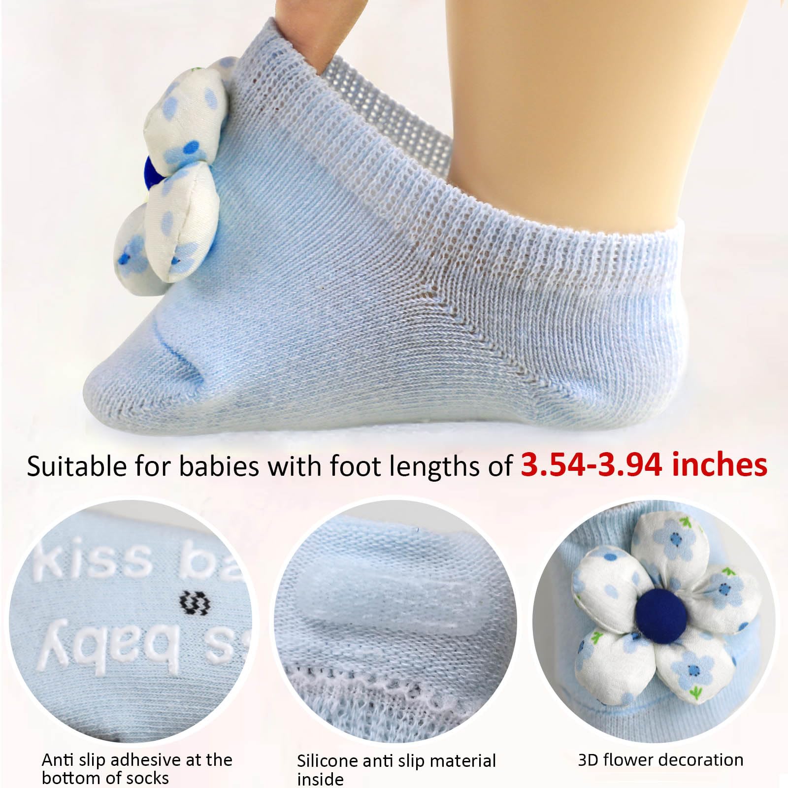 KEAINVRN 4Packs Baby Girls Socks,Flower Non-Slip Grips for Babies Toddler Princess Low Cut Ankle Socks for Girls