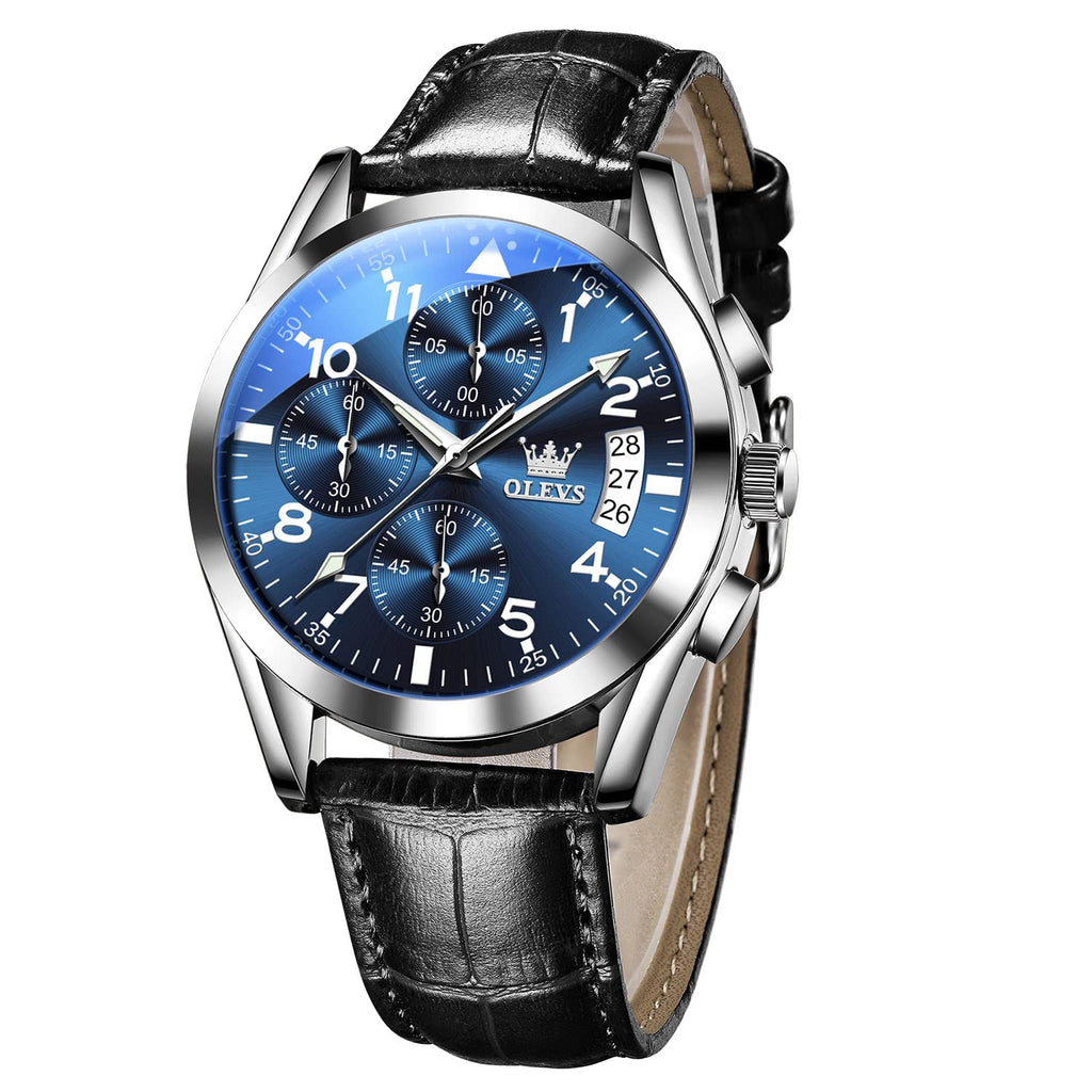 OLEVS Men's Casual Leather Watch, Big Face Chronograph Watch for Men, Fashion Easy to Read Dress Watch, Men's Waterproof Luminous Date Analog Watch, Gold/Black/White/Blue Dial