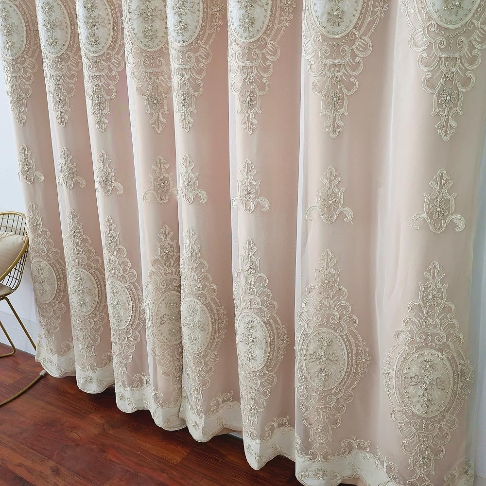 Amidoudou 1 Pair European Double Layer Curtains with Valances for Living Room Bedroom Luxury 3D Flower Embroidered Curtains (Yellow,52x96 Inch)