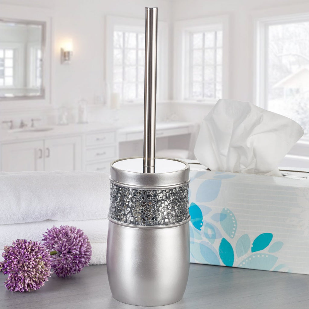 Creative Scents Crackled Glass Silver Bathroom Accessory Set – 4-Piece Vanity Set Includes: Lotion Soap Dispenser, Toothbrush Holder, Tumbler, and Soap Dish