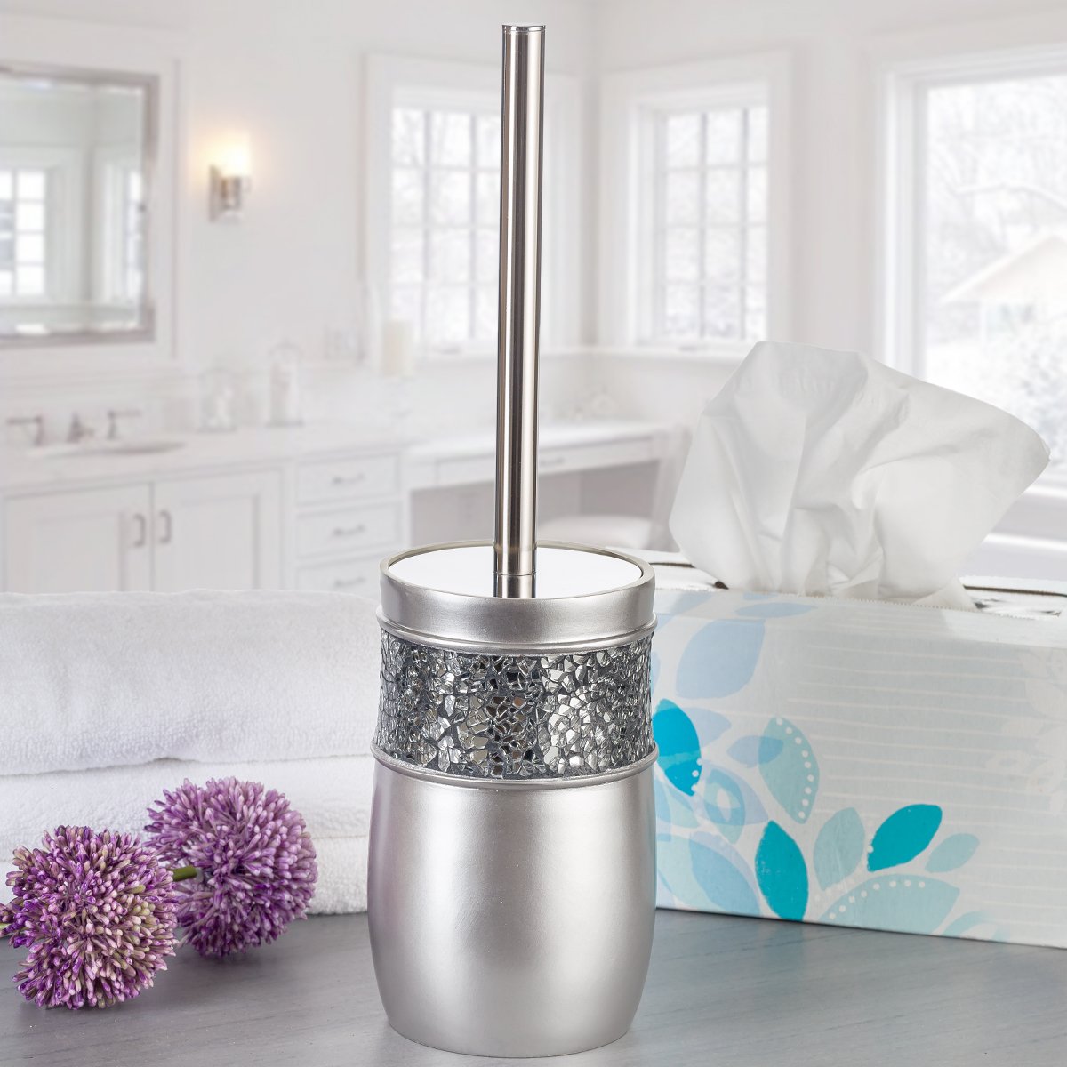 Creative Scents Crackled Glass Silver Bathroom Accessory Set – 4-Piece Vanity Set Includes: Lotion Soap Dispenser, Toothbrush Holder, Tumbler, and Soap Dish