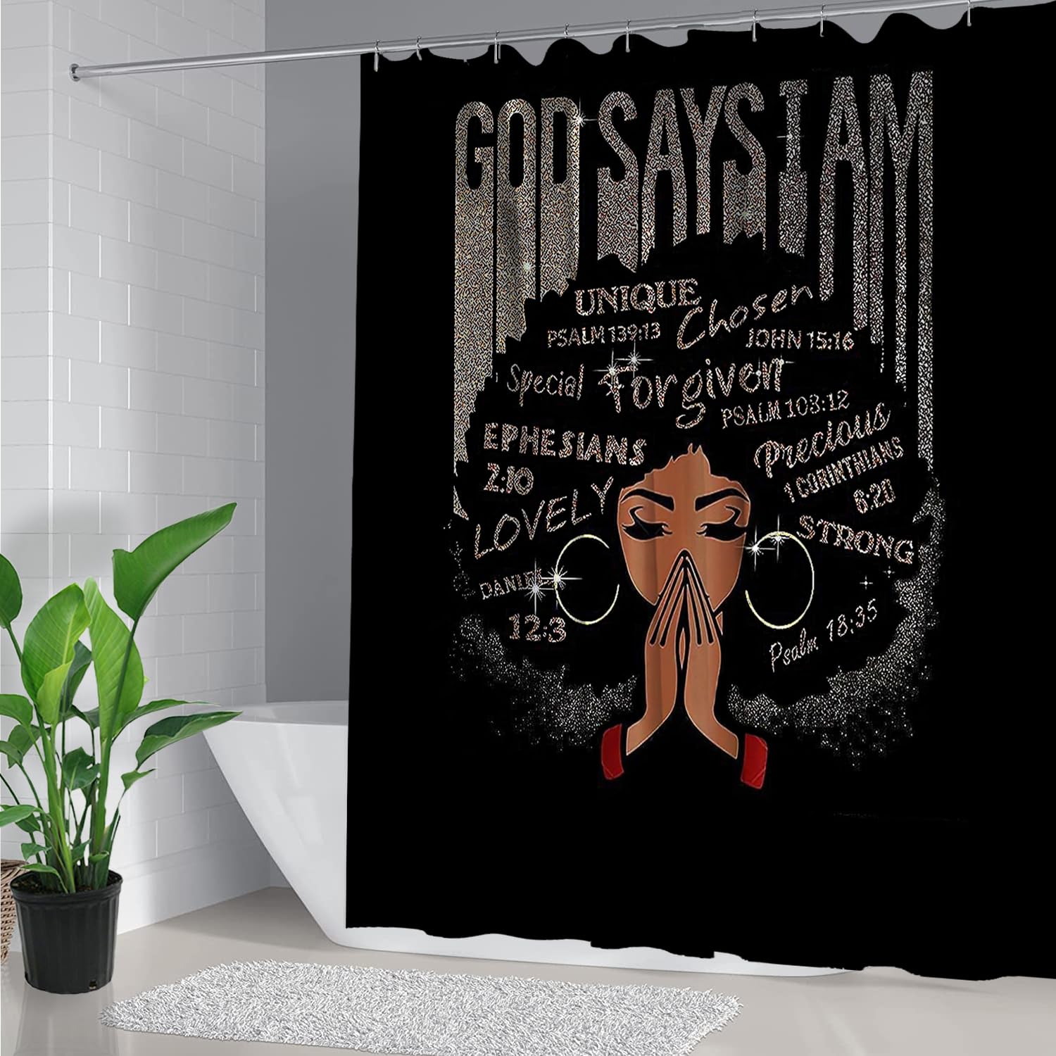 African American Shower Curtain Sets for Bathroom, Black Praying King Bathroom Sets with Waterproof Shower Curtain and Non-Slip Rugs Toilet Lid Cover Bath Mat, Cool Unique Man Bathroom Decor Sets