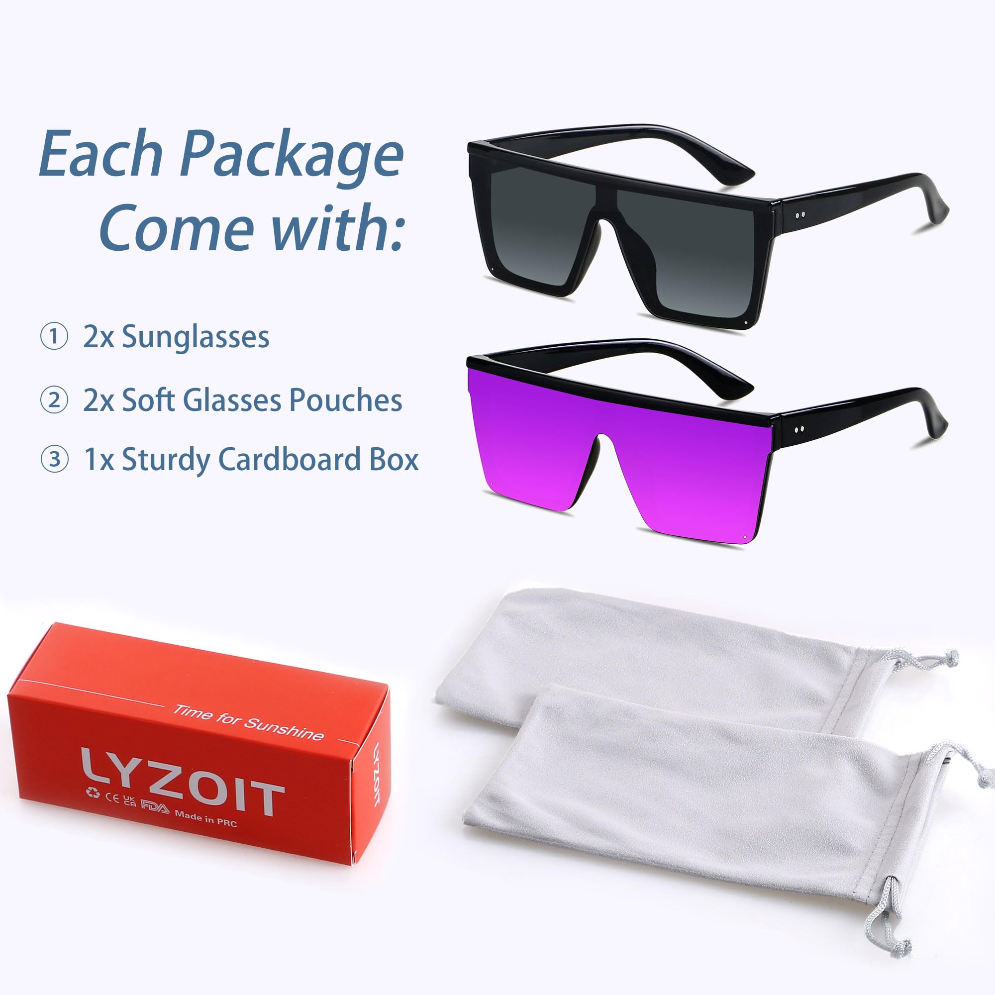 LYZOIT Square Oversized Sunglasses for Women Men Big Flat Top Fashion Shield Large UV Protection Rimless Shades