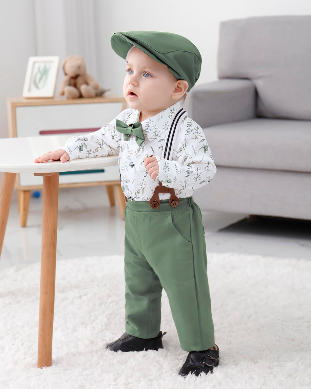 WESIDOM Baby Boy Clothes 0-18M Newborn Infant Gentleman Outfit, Shirt+Bowtie+Beret+Suspender Pant Baby boy Suit Clothing Set