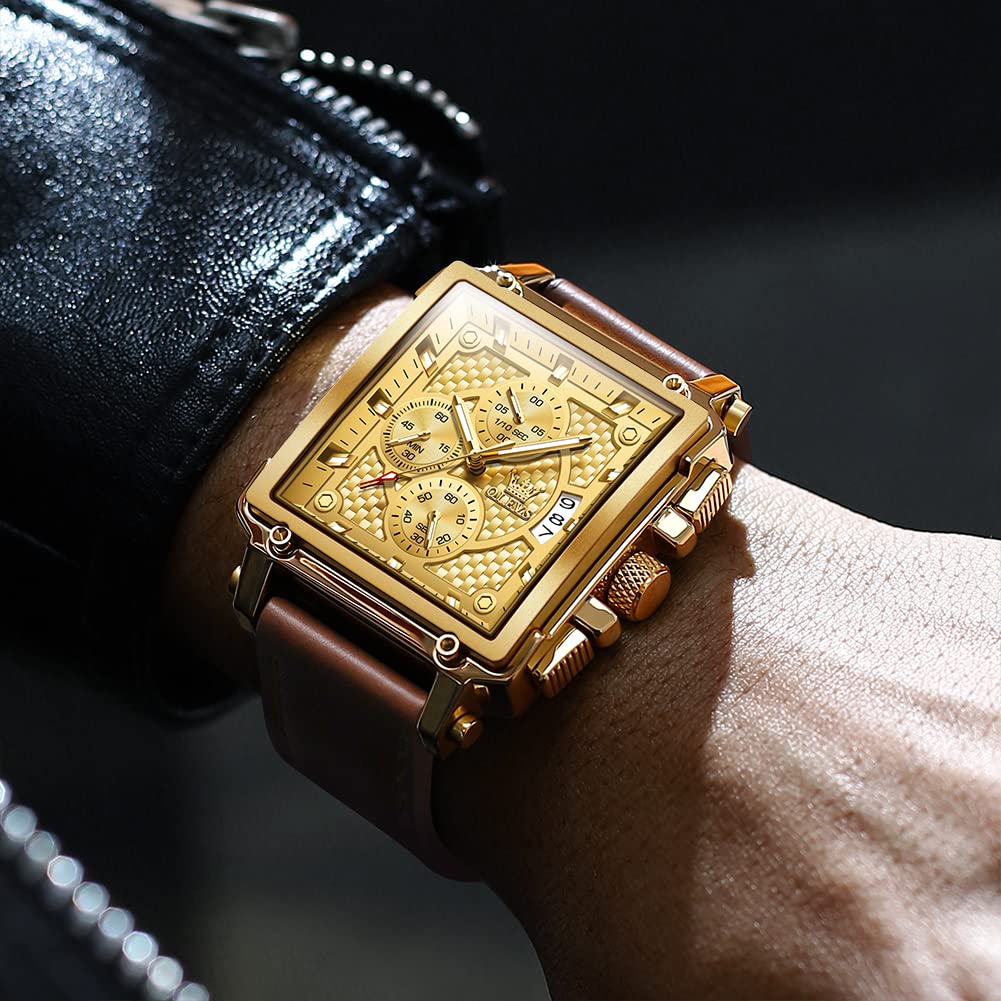 OLEVS Men's Casual Leather Watch, Big Face Chronograph Watch for Men, Fashion Easy to Read Dress Watch, Men's Waterproof Luminous Date Analog Watch, Gold/Black/White/Blue Dial