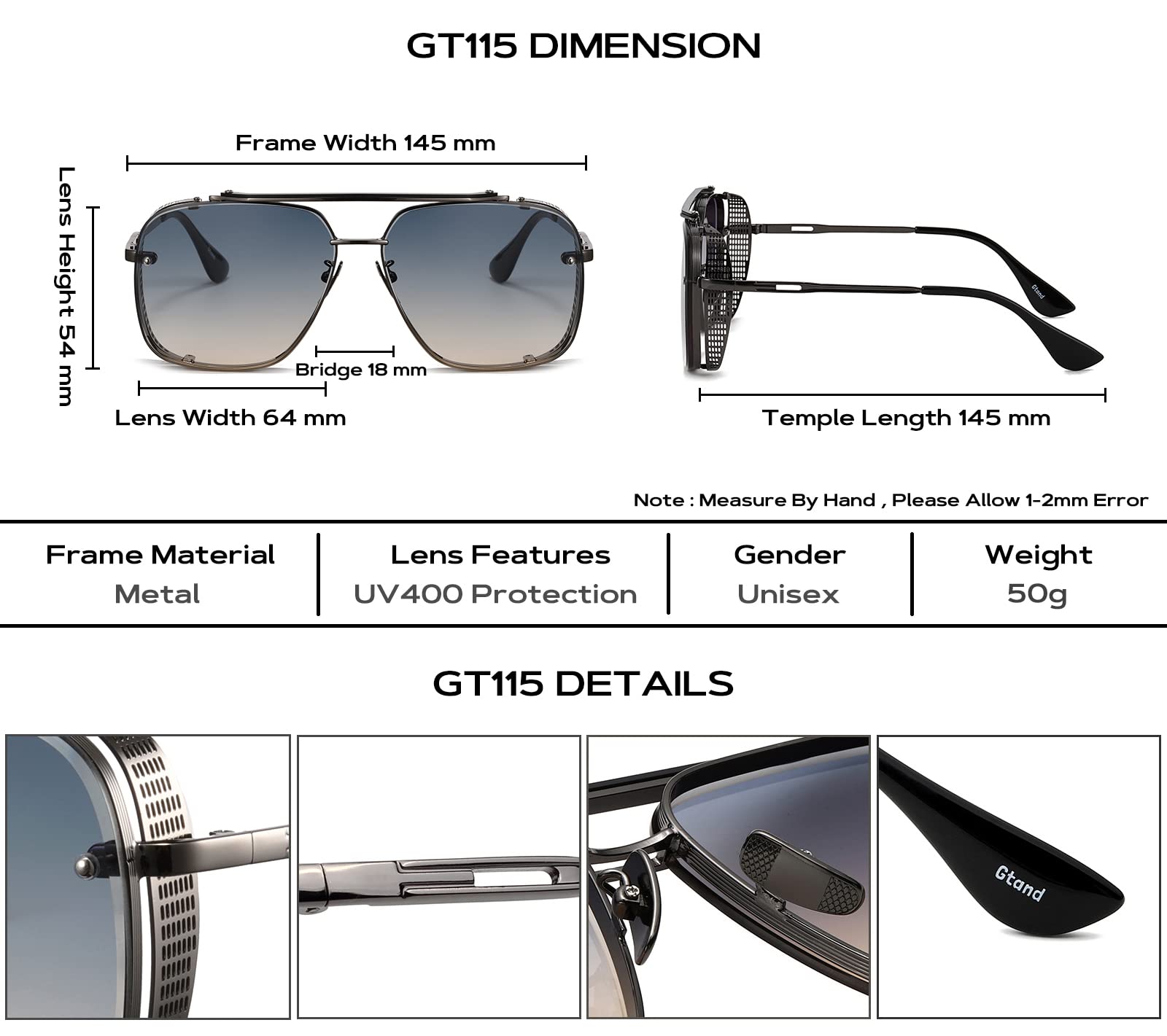 Gtand Fashion Oversized Square Aviator Gradient Sunglasses For Men Vintage Metal Side Shield Steampunk Sun Glasses 64mm