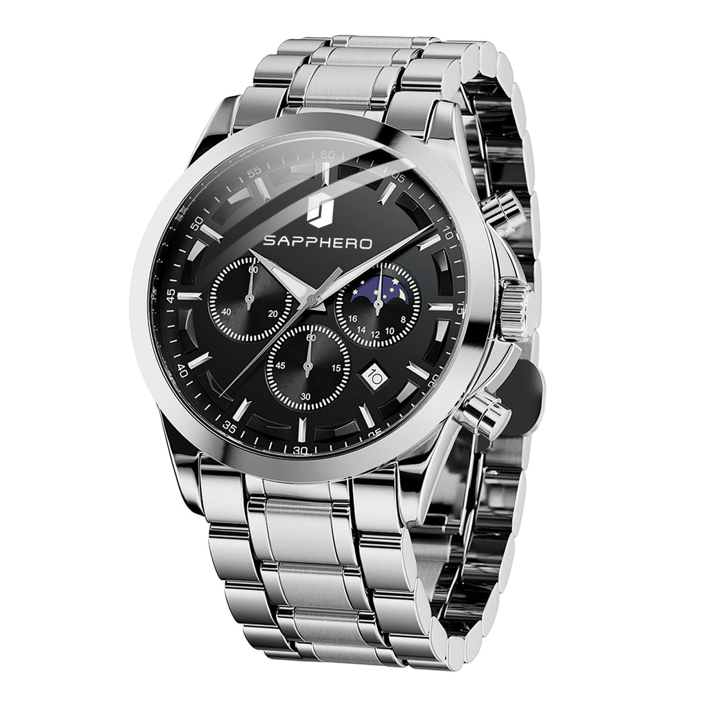 SAPPHERO Chronograph Watches for Men, Original Business Casual Stainless Steel Analog Watch 50M Waterproof Luminous Watches with Date Dial, Mens Gift