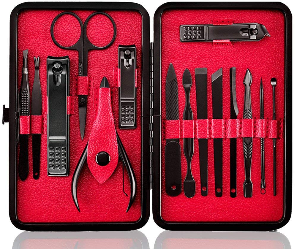 Professional Stainless Steel Nail Clipper Travel & Grooming Kit Nail Tools Manicure & Pedicure Set of 15pcs with Luxurious Case (Black/Yellow)