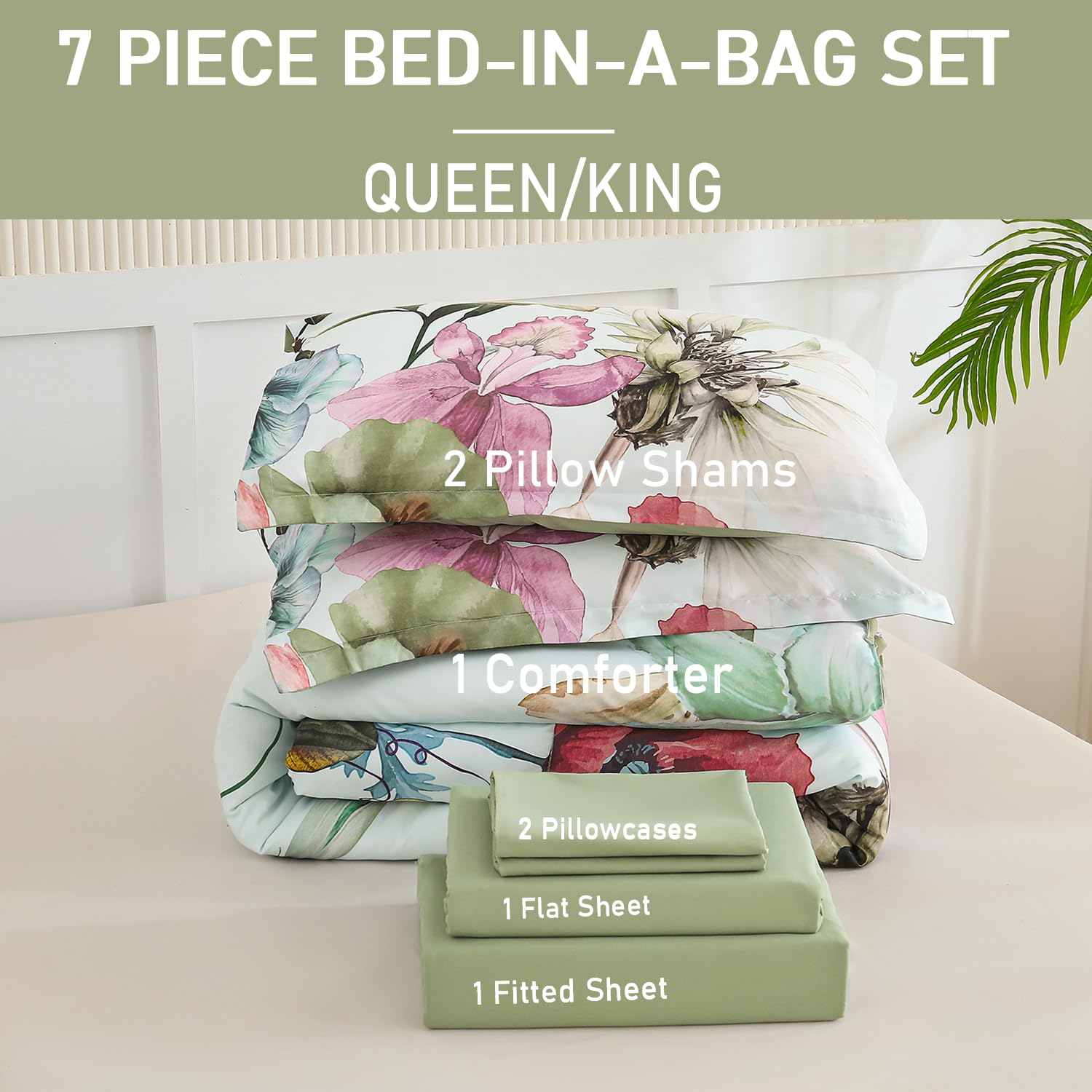 Yogeneg 7 Piece Bed in a Bag King Size Comforter Set Black Bedding Set,Gold Butterfly Leaves Printed on Black Reversible Design,Soft Microfiber Comforter with Sheet Set,All Season(Butterfly,King)
