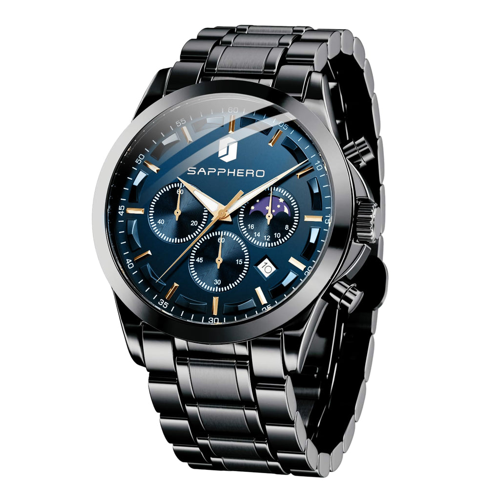 SAPPHERO Chronograph Watches for Men, Original Business Casual Stainless Steel Analog Watch 50M Waterproof Luminous Watches with Date Dial, Mens Gift