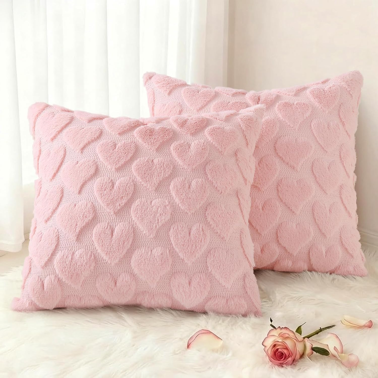 decorUhome Throw Pillow Covers 18x18 Inch Set of 2, Soft Plush Faux Wool Cream White Solid Couch Pillow Covers, Accent Farmhouse Neutral Square Pillow Cases for Sofa Bed Living Room