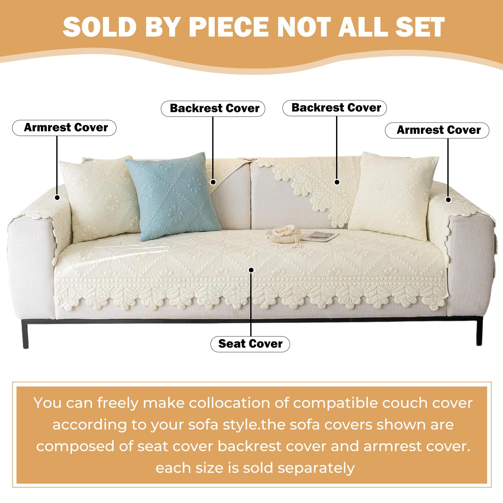 Cotton Quilted Dog Couch Cover for Sofa Farmhouse Rustic Embroidery Sectional Couch Cover Soft Anti-Slip Sofa Slipcover Furniture Protector for Kids, Pets (Khaki,36"x36")