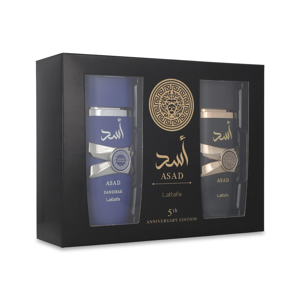 Lattafa Asad 5th Anniversary Edition – Spicy, Woody, Amber, Sweet – 2 Piece Eau de Parfum Gift Set for Men (Asad + Asad Zanzibar, 2 × 3.4 Ounce / 100 ml Sprays)
