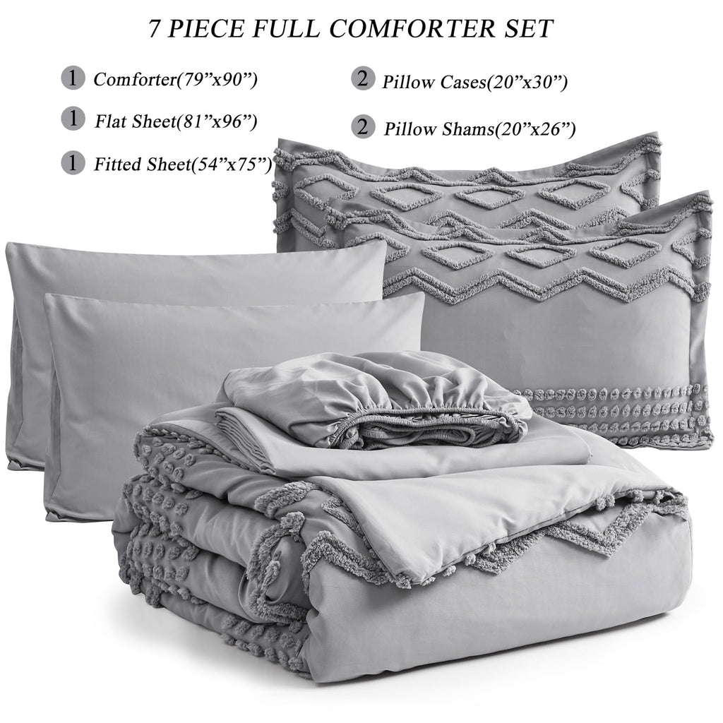 KAKIJUMN Grey Tufted Comforter Set King Size 7 Piece Bed in a Bag, Shabby Chic Boho Comforter and Sheet Set, Pom Pom Textured Bed Set, All Season Soft Microfiber Complete Bedding Set(Grey,King)