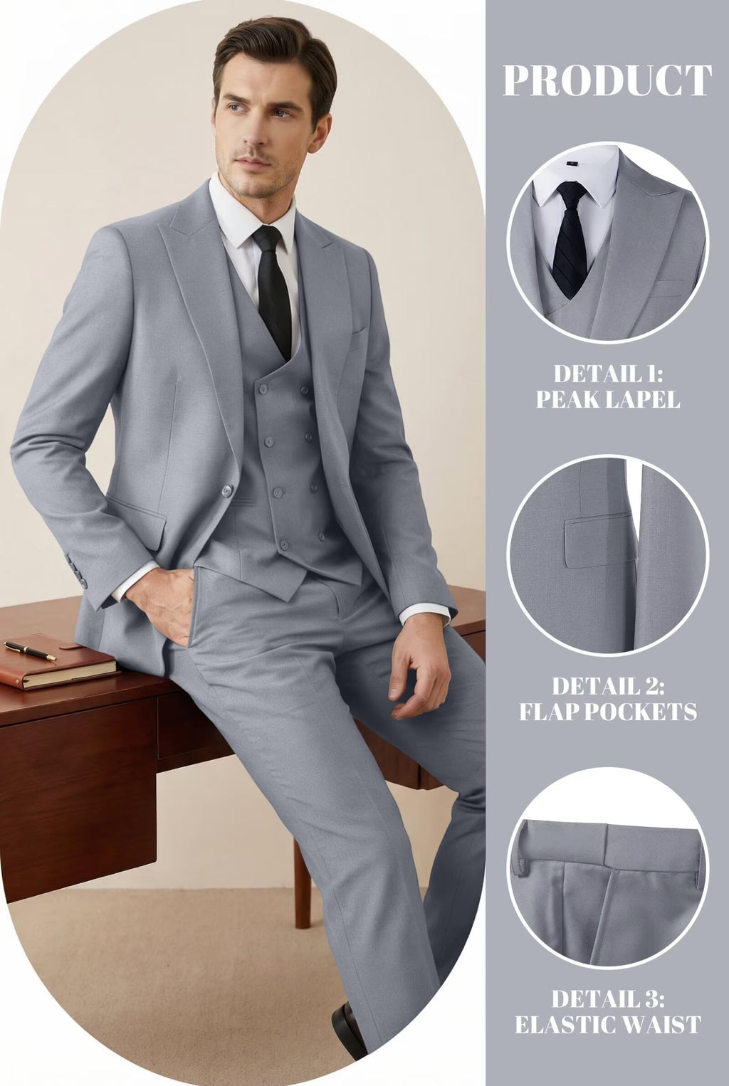 Mens Suit 3 Piece Double Breasted Suit Men Formal Business Tuxedos Blazer Vest Pants Set for Wedding Party Dinner