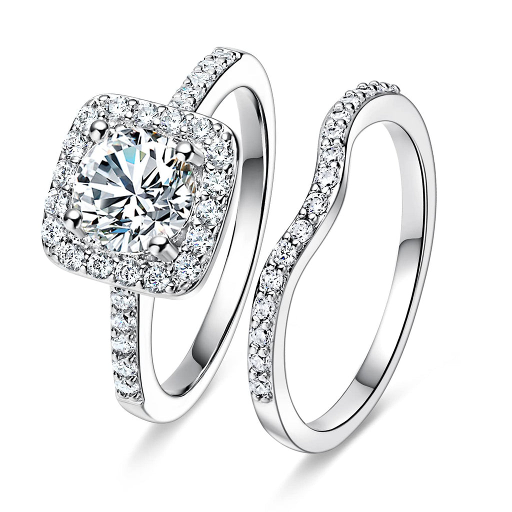 MDFUN 18K White Gold Plated Cubic Zirconia Two-in-One Halo Wedding Engagement Promise Eternity Ring for Women