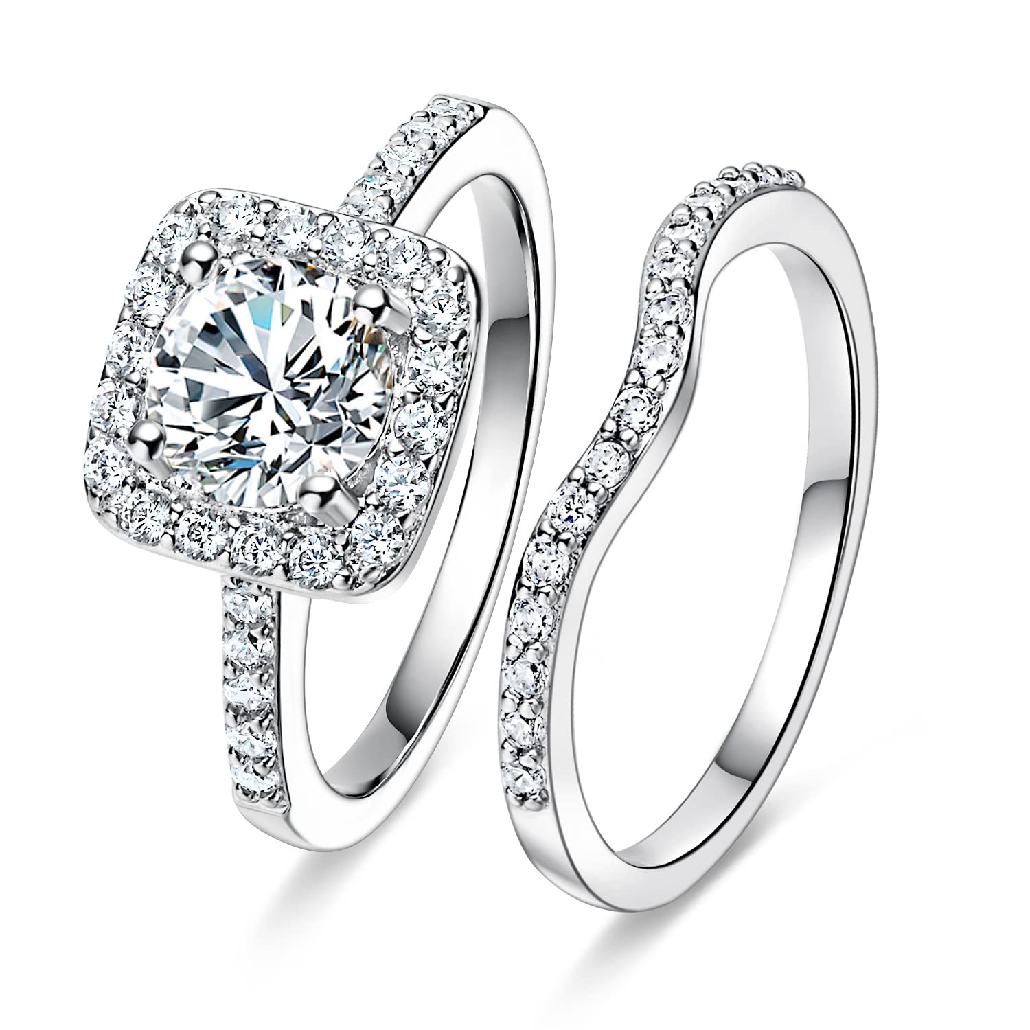 MDFUN 18K White Gold Plated Cubic Zirconia Two-in-One Halo Wedding Engagement Promise Eternity Ring for Women