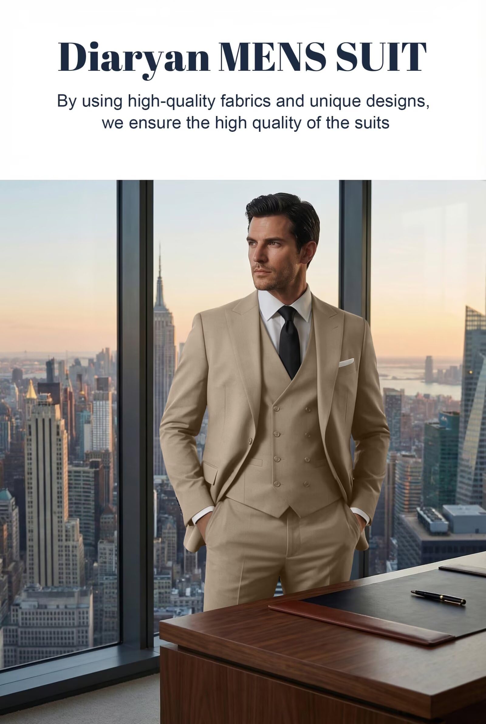 Mens Suit 3 Piece Double Breasted Suit Men Formal Business Tuxedos Blazer Vest Pants Set for Wedding Party Dinner