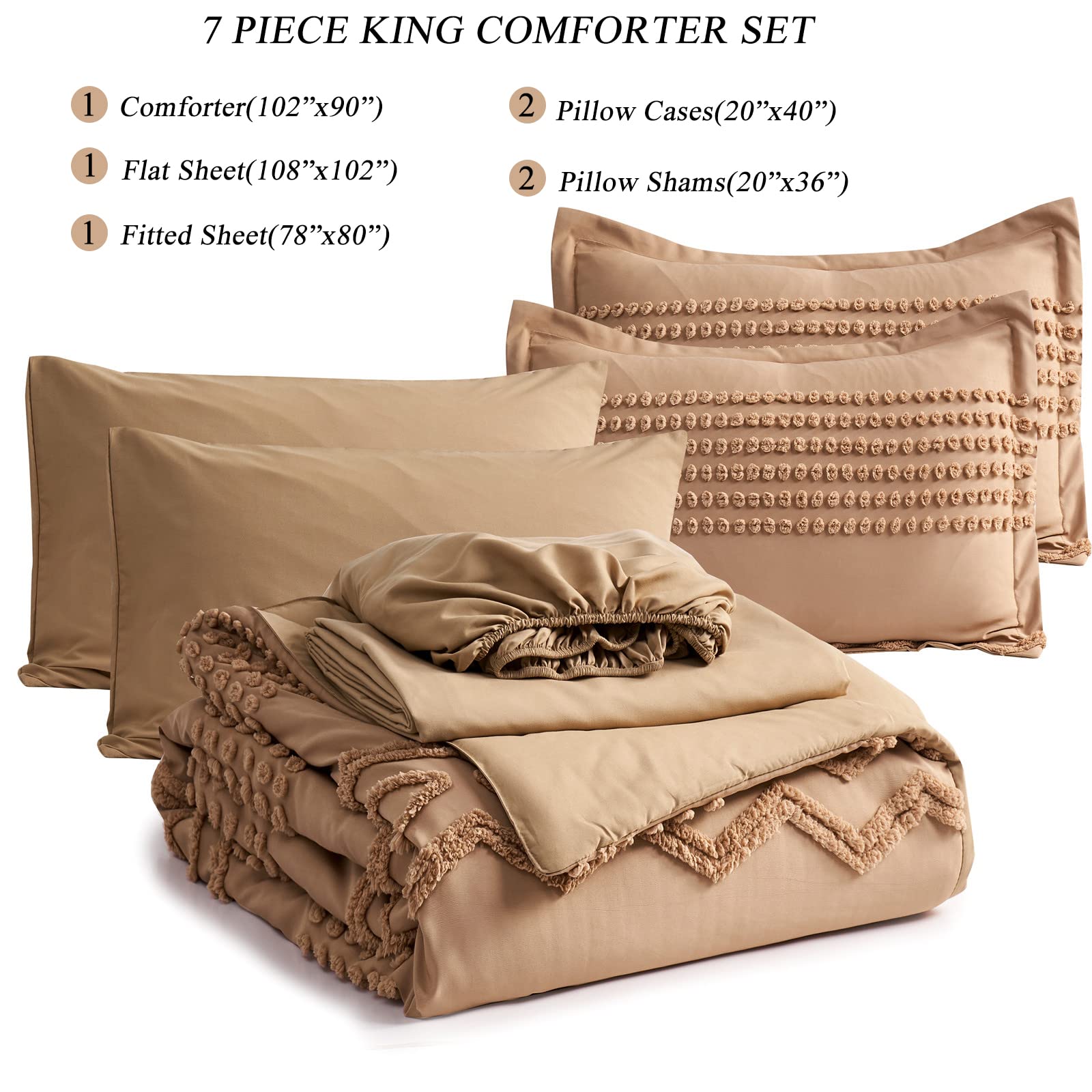 KAKIJUMN Grey Tufted Comforter Set King Size 7 Piece Bed in a Bag, Shabby Chic Boho Comforter and Sheet Set, Pom Pom Textured Bed Set, All Season Soft Microfiber Complete Bedding Set(Grey,King)