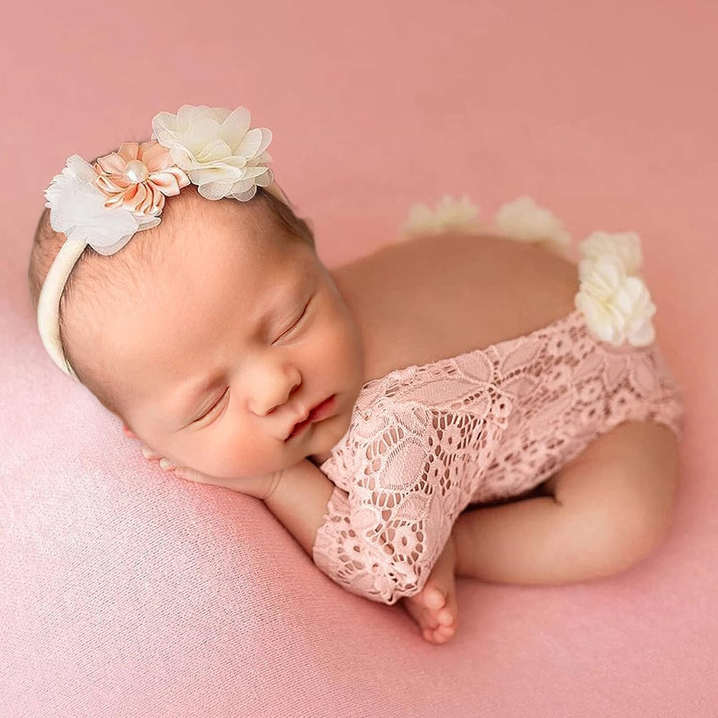 4 PCS Newborn Photography Props Outfits-BabyTutu Skirt Cute Bow Headdress and Lace Rompers Flower Headband Sets for Infants Girl Boy